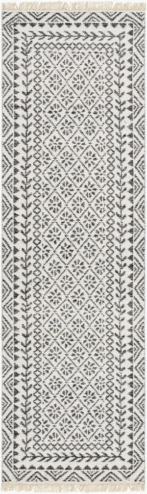 Livabliss Mardin Handwoven Wool Flatweave Rug with Fringe Global Bohemian Accent for Entryways Ivory, Black 2'6" x 8' MDI2319-268