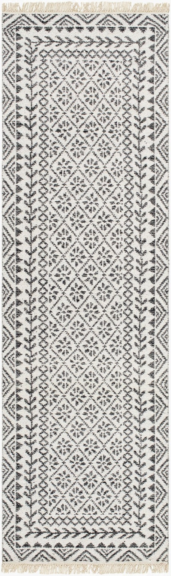 Livabliss Mardin Handwoven Wool Flatweave Rug with Fringe Global Bohemian Accent for Entryways Ivory, Black 2'6" x 8' MDI2319-268