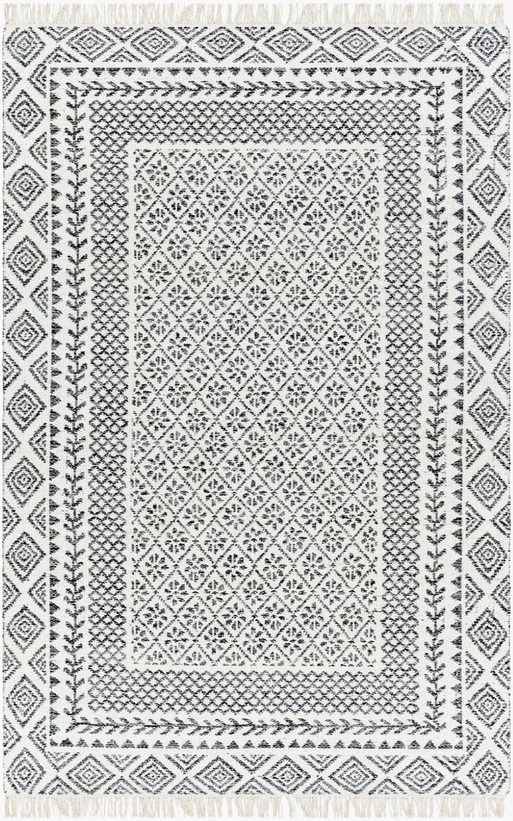 Livabliss Mardin Handwoven Wool Flatweave Rug with Fringe Global Bohemian Accent for Entryways Ivory, Black 2' x 3' MDI2319-23
