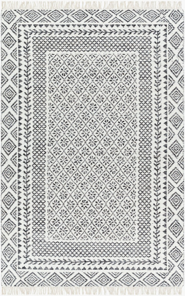 Livabliss Mardin Handwoven Wool Flatweave Rug with Fringe Global Bohemian Accent for Entryways Ivory, Black 2' x 3' MDI2319-23