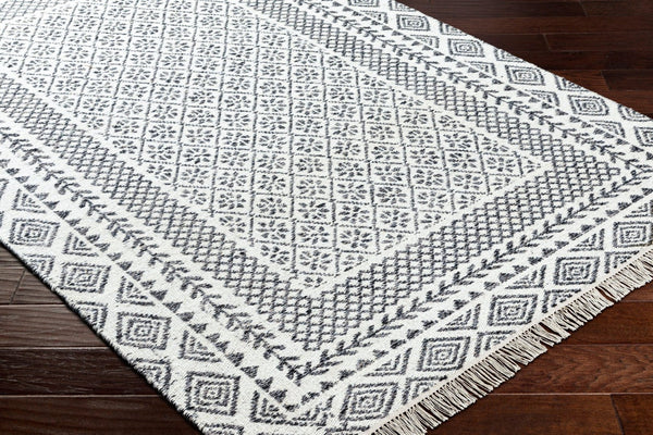 Livabliss Mardin Handwoven Wool Flatweave Rug with Fringe Global Bohemian Accent for Entryways Ivory, Black 2' x 3' MDI2319-23