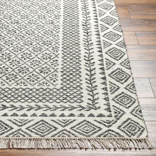 Livabliss Mardin Handwoven Wool Flatweave Rug with Fringe Global Bohemian Accent for Entryways Ivory, Black 2' x 3' MDI2319-23