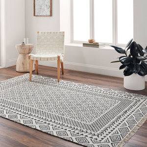 Livabliss Mardin Handwoven Wool Flatweave Rug with Fringe Global Bohemian Accent for Entryways Ivory, Black 2' x 3' MDI2319-23