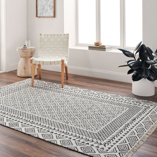 Livabliss Mardin Handwoven Wool Flatweave Rug with Fringe Global Bohemian Accent for Entryways Ivory, Black 2' x 3' MDI2319-23