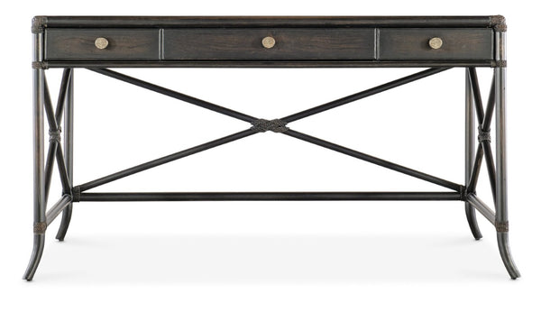 Hooker Furniture Retreat Coastal Pole Rattan Writing Desk With Dune Oak Veneer, 3 Drawers, Keyboard Ready, Rope Accents Dark Wood 6950-10458-99