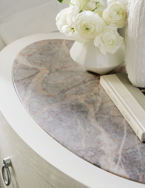 Hooker Furniture Serenity Shell Wavecrest Oval Nightstand With Honed Marble Top, Soft-Close Drawers & Usb Ports 6350-90115-02
