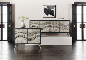 Hooker Furniture Melange Geode Two-Door Chest With Reverse-Painted Glass, Black Oak Veneer, Silver Legs, Ventilated Storage 628-85648-98
