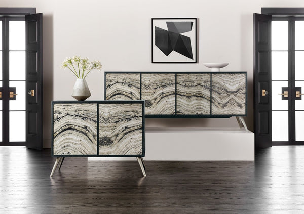 Hooker Furniture Melange Geode Two-Door Chest With Reverse-Painted Glass, Black Oak Veneer, Silver Legs, Ventilated Storage 628-85648-98
