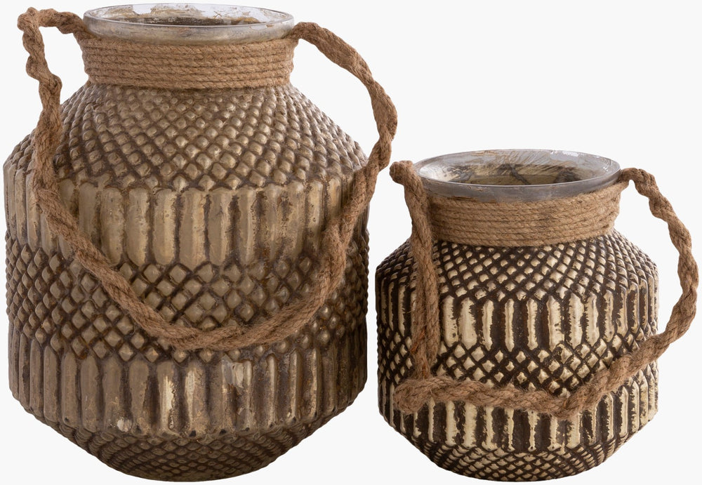 Surya Mehndi Decorative Lantern Accent - Handmade Vintage Design In Durable Glass & Jute For Home Decor Green Glass,Jute Meh001-set