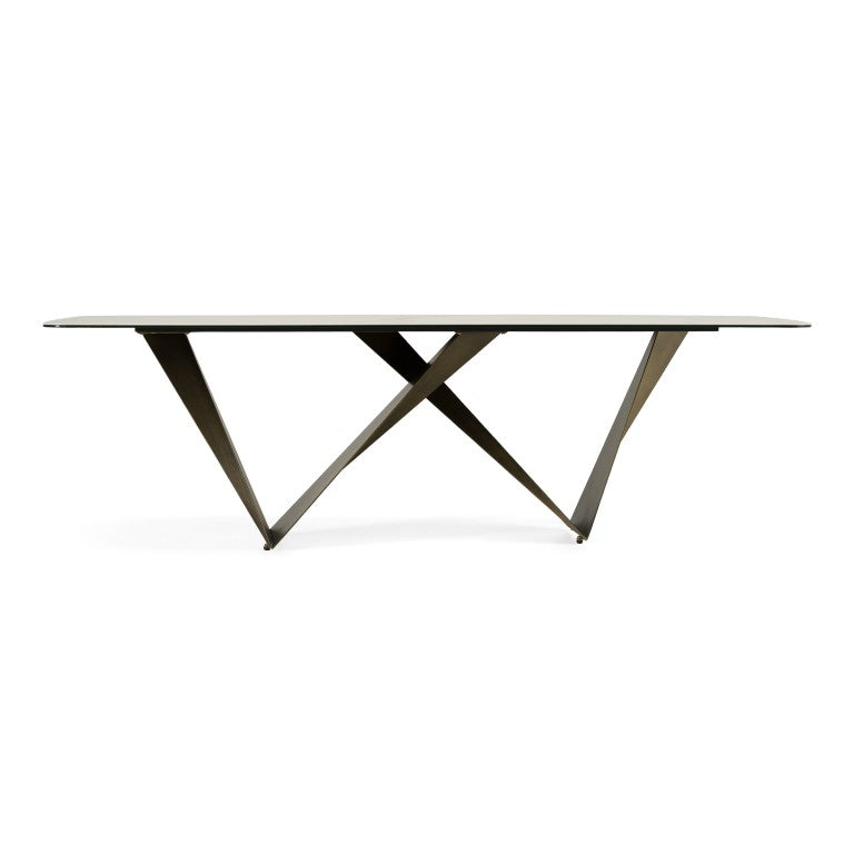 VIG Furniture Melanie White Ceramic Dining Table With Brushed Brown Geometric Triangle Base, Marble-Look Top (98") VGVCT1886-WHT-DT