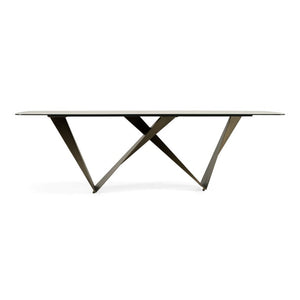VIG Furniture Melanie White Ceramic Dining Table With Brushed Brown Geometric Triangle Base, Marble-Look Top (98") VGVCT1886-WHT-DT