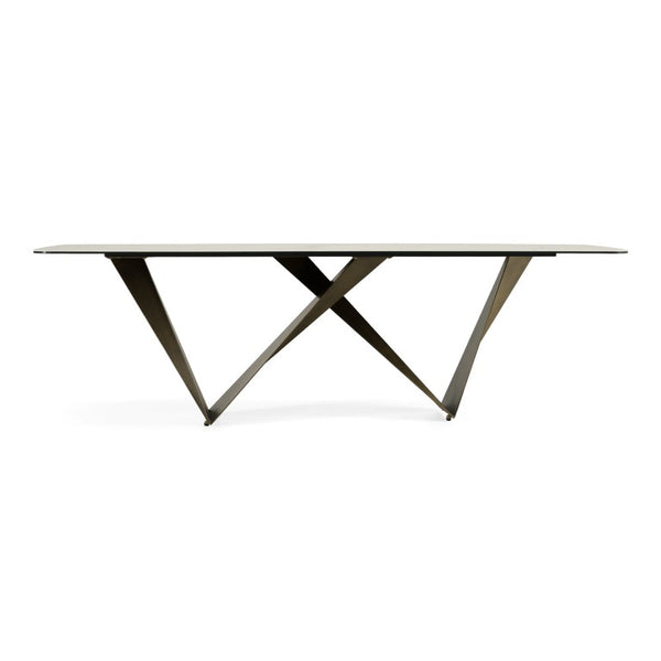 VIG Furniture Melanie White Ceramic Dining Table With Brushed Brown Geometric Triangle Base, Marble-Look Top (98") VGVCT1886-WHT-DT