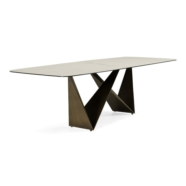 VIG Furniture Melanie White Ceramic Dining Table With Brushed Brown Geometric Triangle Base, Marble-Look Top (98") VGVCT1886-WHT-DT