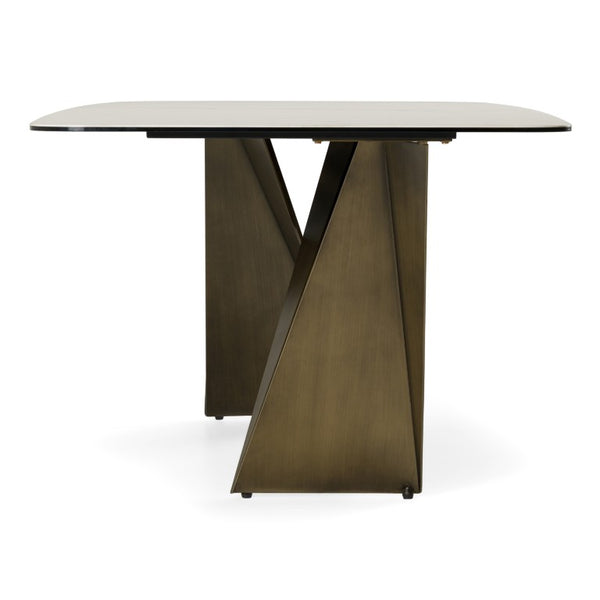VIG Furniture Melanie White Ceramic Dining Table With Brushed Brown Geometric Triangle Base, Marble-Look Top (98") VGVCT1886-WHT-DT
