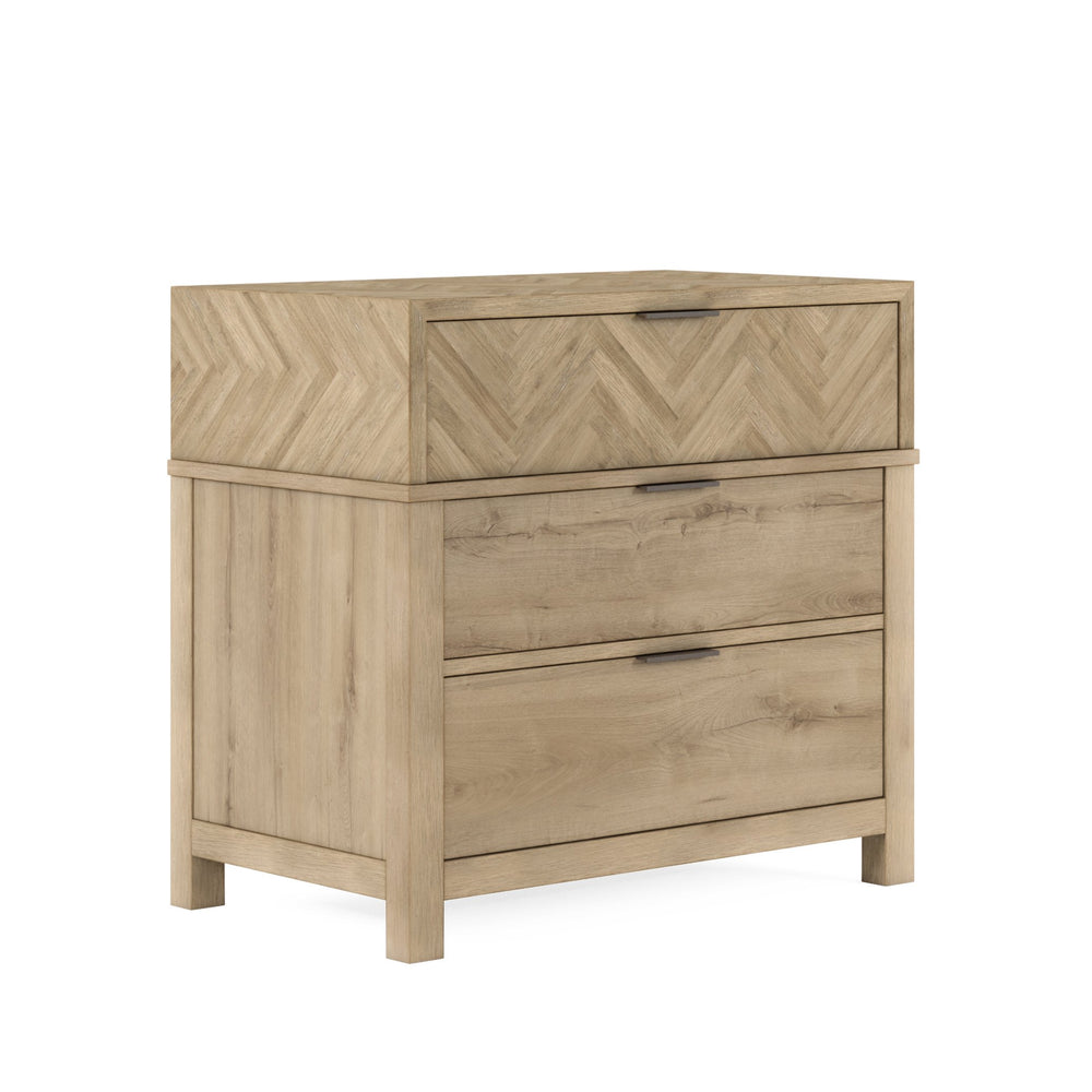 A.R.T. Furniture Garrison Nightstand With Herringbone Top, Usb Chargers & 3 Drawers - Modern Storage Solution In Oak Brown Parawood Solids With Ash Embossing,White Oak Veneers,Metal 322140-1302