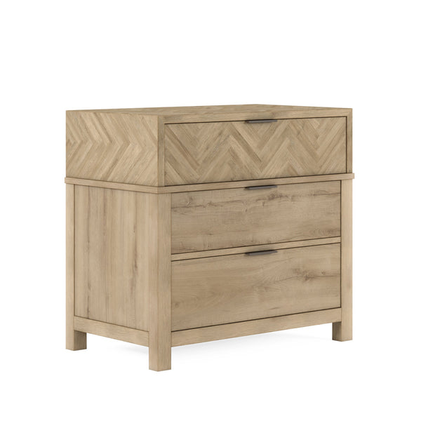 A.R.T. Furniture Garrison Nightstand With Herringbone Top, Usb Chargers & 3 Drawers - Modern Storage Solution In Oak Brown Parawood Solids With Ash Embossing,White Oak Veneers,Metal 322140-1302