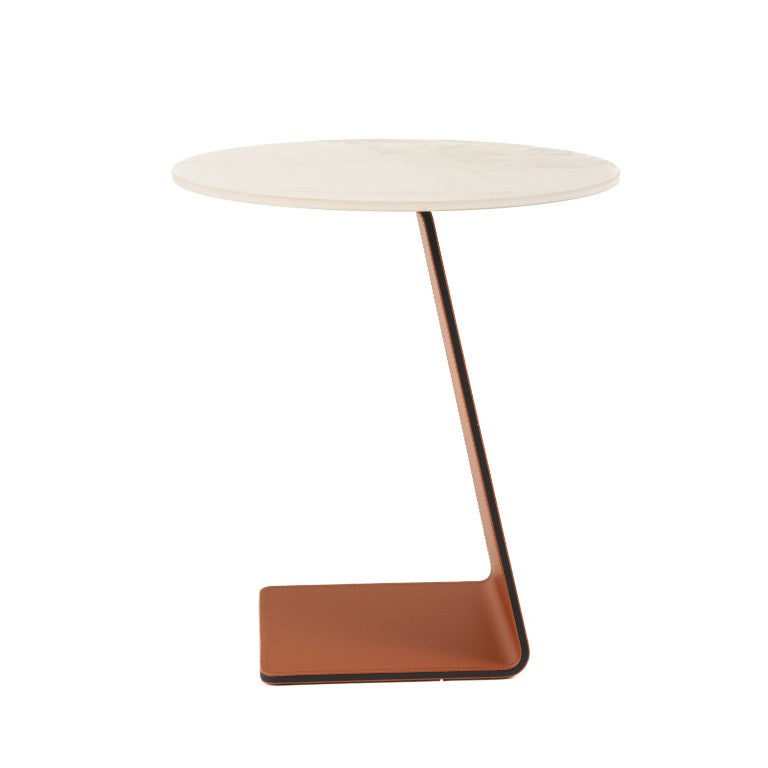 VIG Furniture Merkel Round Marbled Ceramic End Table With Orange Saddle Leather Base, Glossy Durable 60Lb Support VGYF-CT-282