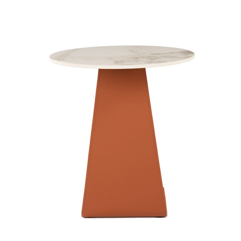 VIG Furniture Merkel Round Marbled Ceramic End Table With Orange Saddle Leather Base, Glossy Durable 60Lb Support VGYF-CT-282