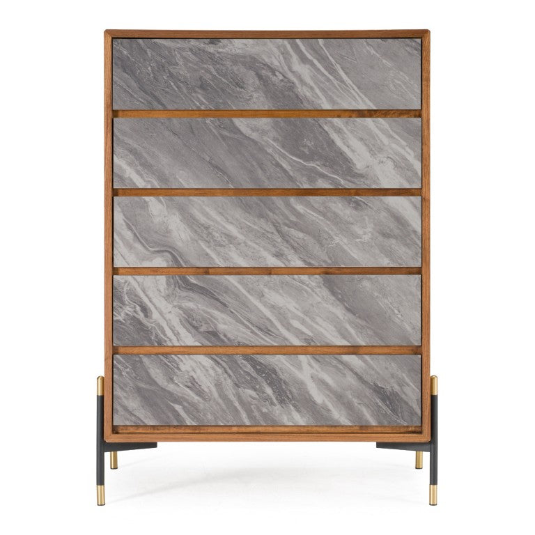 VIG Furniture Metcalf Walnut & Grey Chest — Mid-Century Industrial 5-Drawer Soft-Close Dresser With Gold Legs VGMAQT-S831-BR-120-WAL-CHEST