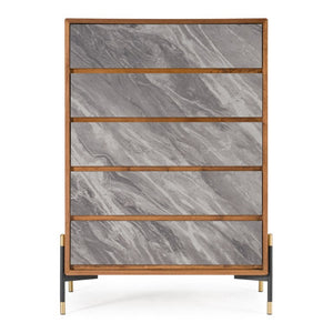VIG Furniture Metcalf Walnut & Grey Chest — Mid-Century Industrial 5-Drawer Soft-Close Dresser With Gold Legs VGMAQT-S831-BR-120-WAL-CHEST