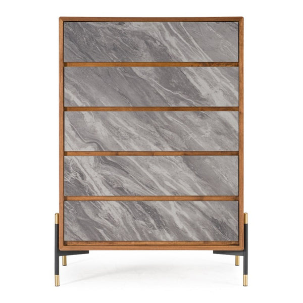 VIG Furniture Metcalf Walnut & Grey Chest — Mid-Century Industrial 5-Drawer Soft-Close Dresser With Gold Legs VGMAQT-S831-BR-120-WAL-CHEST