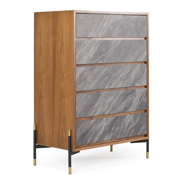 VIG Furniture Metcalf Walnut & Grey Chest — Mid-Century Industrial 5-Drawer Soft-Close Dresser With Gold Legs VGMAQT-S831-BR-120-WAL-CHEST