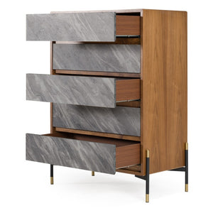 VIG Furniture Metcalf Walnut & Grey Chest — Mid-Century Industrial 5-Drawer Soft-Close Dresser With Gold Legs VGMAQT-S831-BR-120-WAL-CHEST