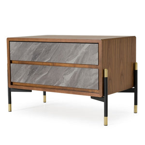 VIG Furniture Metcalf Mid-Century Walnut Nightstand With Textured Grey Drawers, Soft-Close, Black & Gold Legs VGMAQT-S831-BR-120-WAL-NS