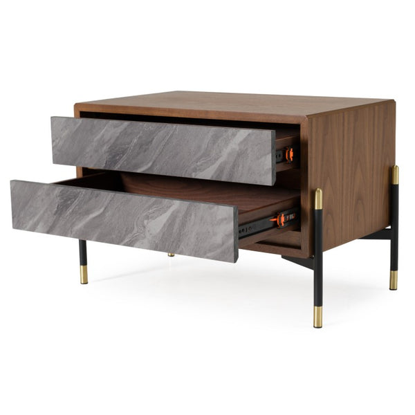 VIG Furniture Metcalf Mid-Century Walnut Nightstand With Textured Grey Drawers, Soft-Close, Black & Gold Legs VGMAQT-S831-BR-120-WAL-NS