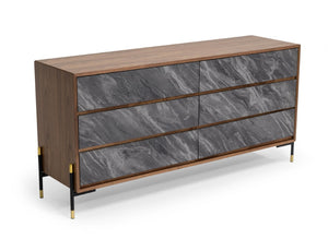 VIG Furniture Metcalf Mid-Century Walnut & Volcanic Slate Dresser — 6 Soft-Close Drawers, Black-Gold Legs, 63" Wide VGMAQT-S831-BR-120-WAL-DRS