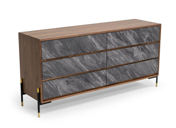 VIG Furniture Metcalf Mid-Century Walnut & Volcanic Slate Dresser — 6 Soft-Close Drawers, Black-Gold Legs, 63" Wide VGMAQT-S831-BR-120-WAL-DRS