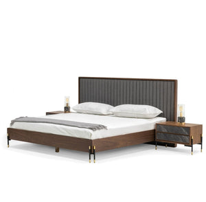 VIG Furniture Eastern King Metcalf Mid-Century Walnut Bed W/ Grey Channel Headboard, Slat System & 2 Nightstands VGMABR-120-BRN-BED-EK