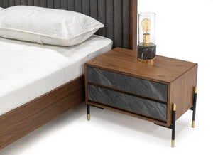 VIG Furniture Eastern King Metcalf Mid-Century Walnut Bed W/ Grey Channel Headboard, Slat System & 2 Nightstands VGMABR-120-BRN-BED-EK