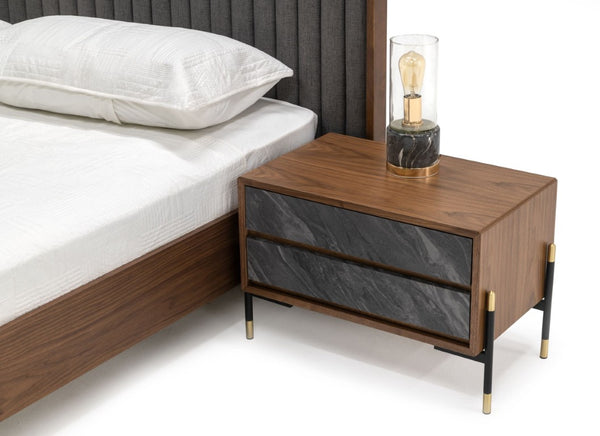 VIG Furniture Eastern King Metcalf Mid-Century Walnut Bed W/ Grey Channel Headboard, Slat System & 2 Nightstands VGMABR-120-BRN-BED-EK