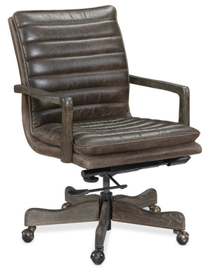 Hooker Furniture Langston Executive Swivel Tilt Chair With Top-Grain Channeled Leather, Storia Wood Arms & Base Medium Brown EC574-097
