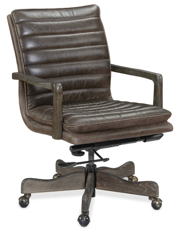 Hooker Furniture Langston Executive Swivel Tilt Chair With Top-Grain Channeled Leather, Storia Wood Arms & Base Medium Brown EC574-097