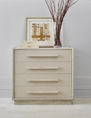 A.R.T. Furniture Cotiere Contemporary Drawer Chest With Linen Fabric, Cedar Lining, And Soft-close Glides For Storage Beige Material, Parawood Solids,Mixed Split Cathedral Quarter,White Oak Veneer,Fabric 299150-2349