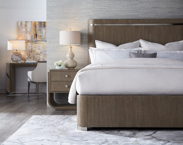 Hooker Furniture Modern Mood Two Drawer Nightstand With Raffia Wrap, Oak Veneer Texture, Metal Trim & Soft Rounded Sides Medium Brown 6850-90416-89