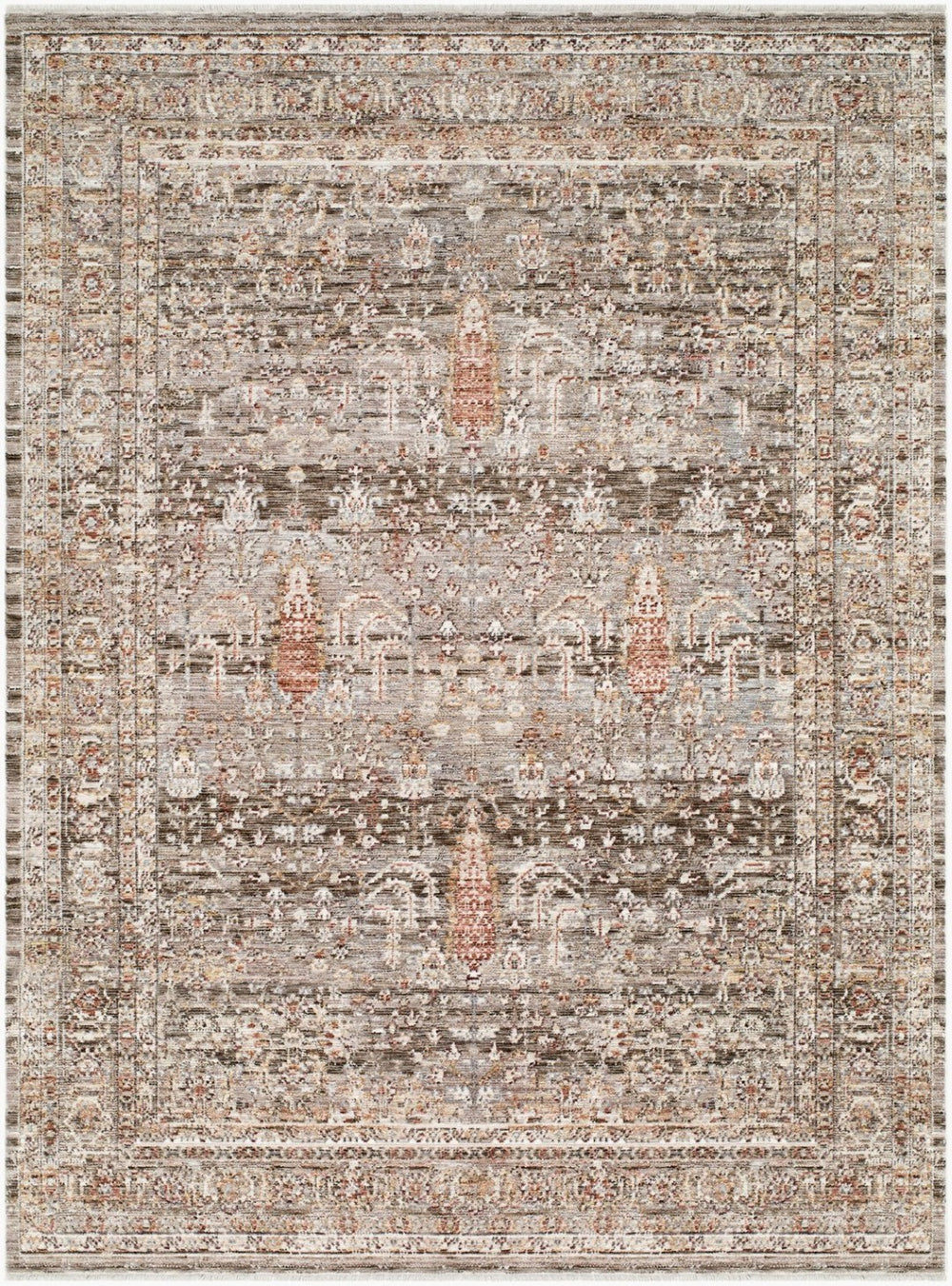 Livabliss Mansfield Machine Woven Polyester Area Rug with Fringe Border for Living Dining Rooms Dark Brown, Cre 7'10" x 10' MFD2301-71010