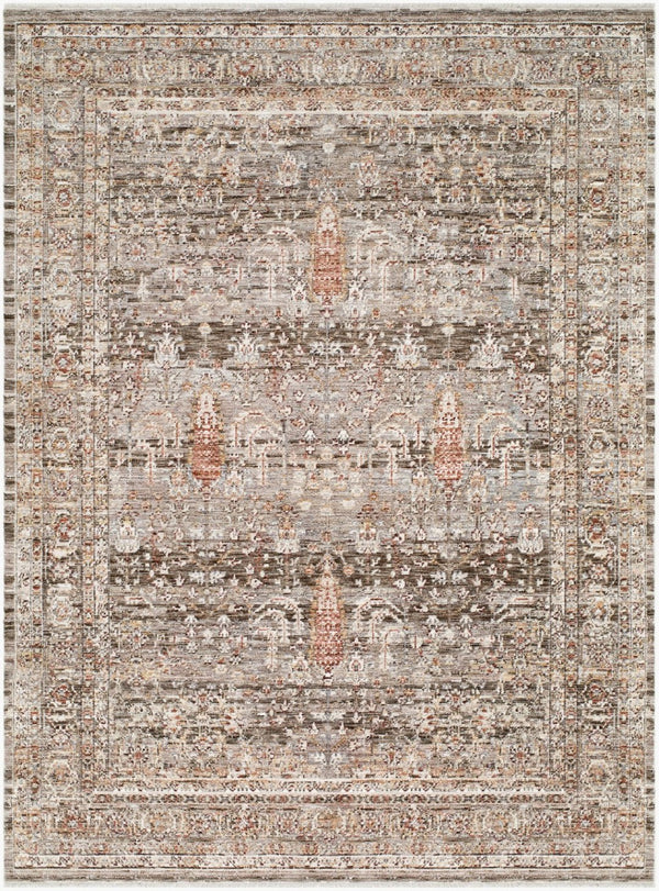 Livabliss Mansfield Machine Woven Polyester Area Rug with Fringe Border for Living Dining Rooms Dark Brown, Cre 7'10" x 10' MFD2301-71010