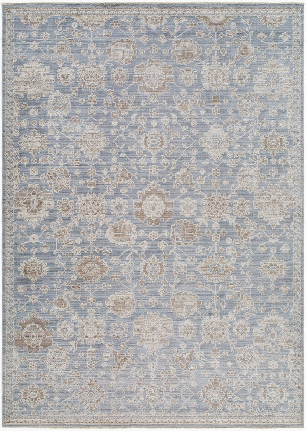 Livabliss Mansfield Traditional Fringe Area Rug Woven Polyester for Living Room or Dining Space Denim, Cream 5'3" x 7' MFD2305-537