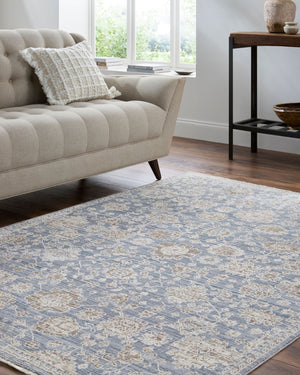 Livabliss Mansfield Traditional Fringe Area Rug Woven Polyester for Living Room or Dining Space Denim, Cream 5'3" x 7' MFD2305-537