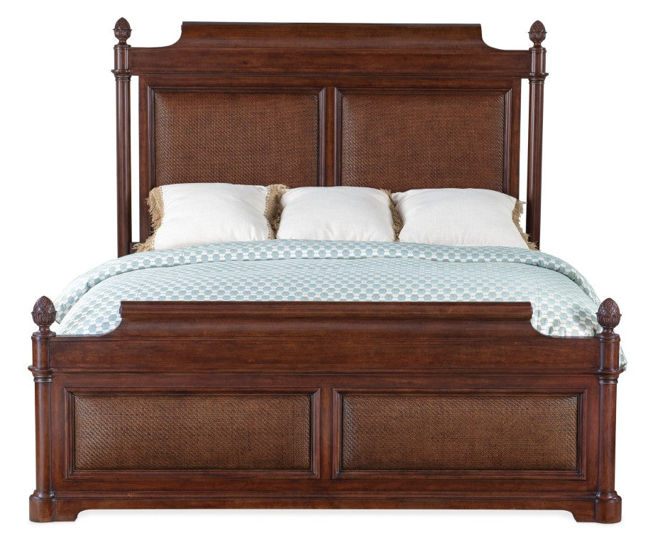 Hooker Furniture Charleston California King Panel Bed With Cherry & Walnut Veneers, Cane Accents, Pineapple Finials 94.75 L x 83.50W x 74.00H 6750-90260-85