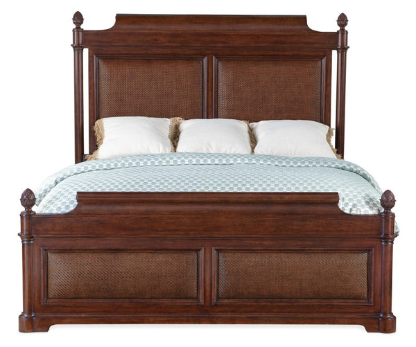 Hooker Furniture Charleston California King Panel Bed With Cherry & Walnut Veneers, Cane Accents, Pineapple Finials 94.75 L x 83.50W x 74.00H 6750-90260-85
