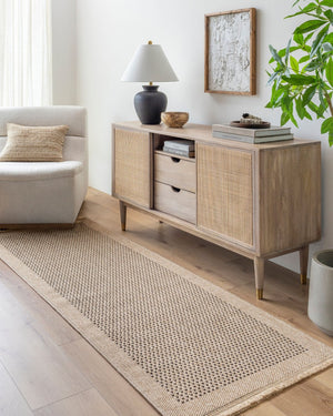 Livabliss Mirage Flatweave Polypropylene Rug Turkish Crafted with Fringe for Farmhouse Spaces Tan, Black 2'7" x 7'3" MGE2302-2773