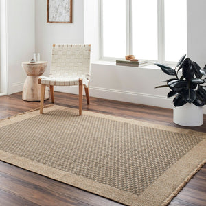 Livabliss Mirage Flatweave Polypropylene Area Rug Farmhouse Fringe Indoor Outdoor Accent Tan, Black 5'3" x 7' MGE2304-537