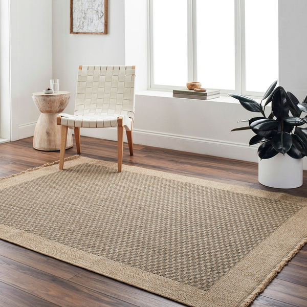 Livabliss Mirage Flatweave Polypropylene Area Rug Farmhouse Fringe Indoor Outdoor Accent Tan, Black 5'3" x 7' MGE2304-537