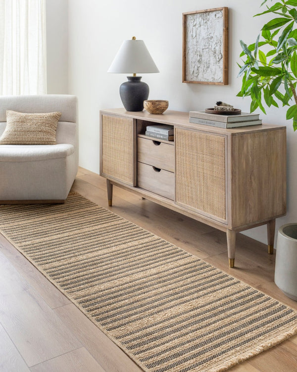 Livabliss Mirage Flatweave Polypropylene Area Rug Farmhouse Fringe Accent for Kitchen or Patio Tan, Black 7'10" x 10' MGE2308-71010