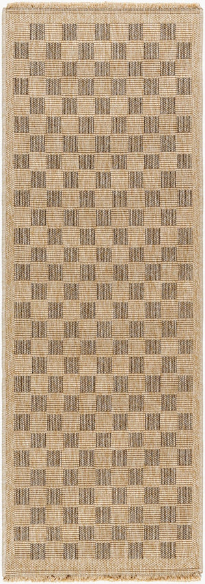 Livabliss Mirage Farmhouse Fringe Accent Rug Flat Weave Polypropylene for Entryway or Patio Tan, Black 2'7" x 7'3" MGE2311-2773