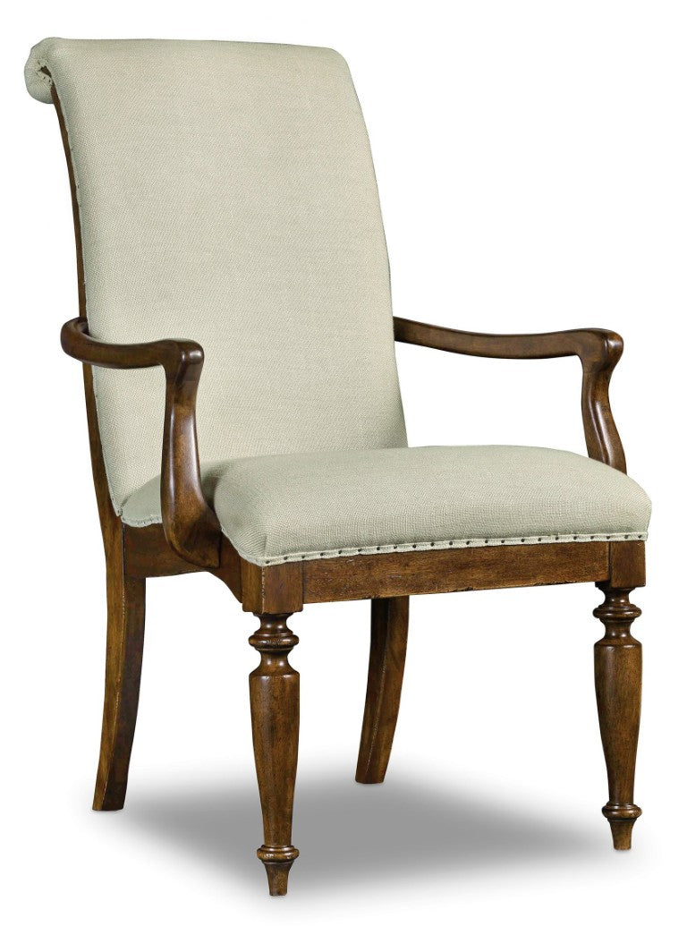 Hooker Furniture Archivist Upholstered Arm Chair In Aubergine Linen With Pecky Pecan Finish, Roll-Top Back & Carved Legs 5447-75400